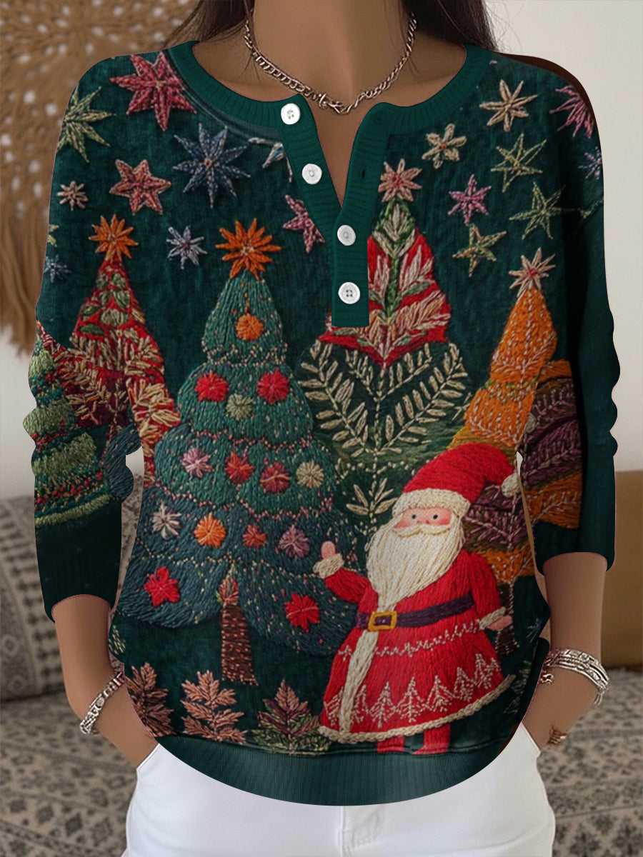 Women's Christmas Tree Santa Claus Print Button Top