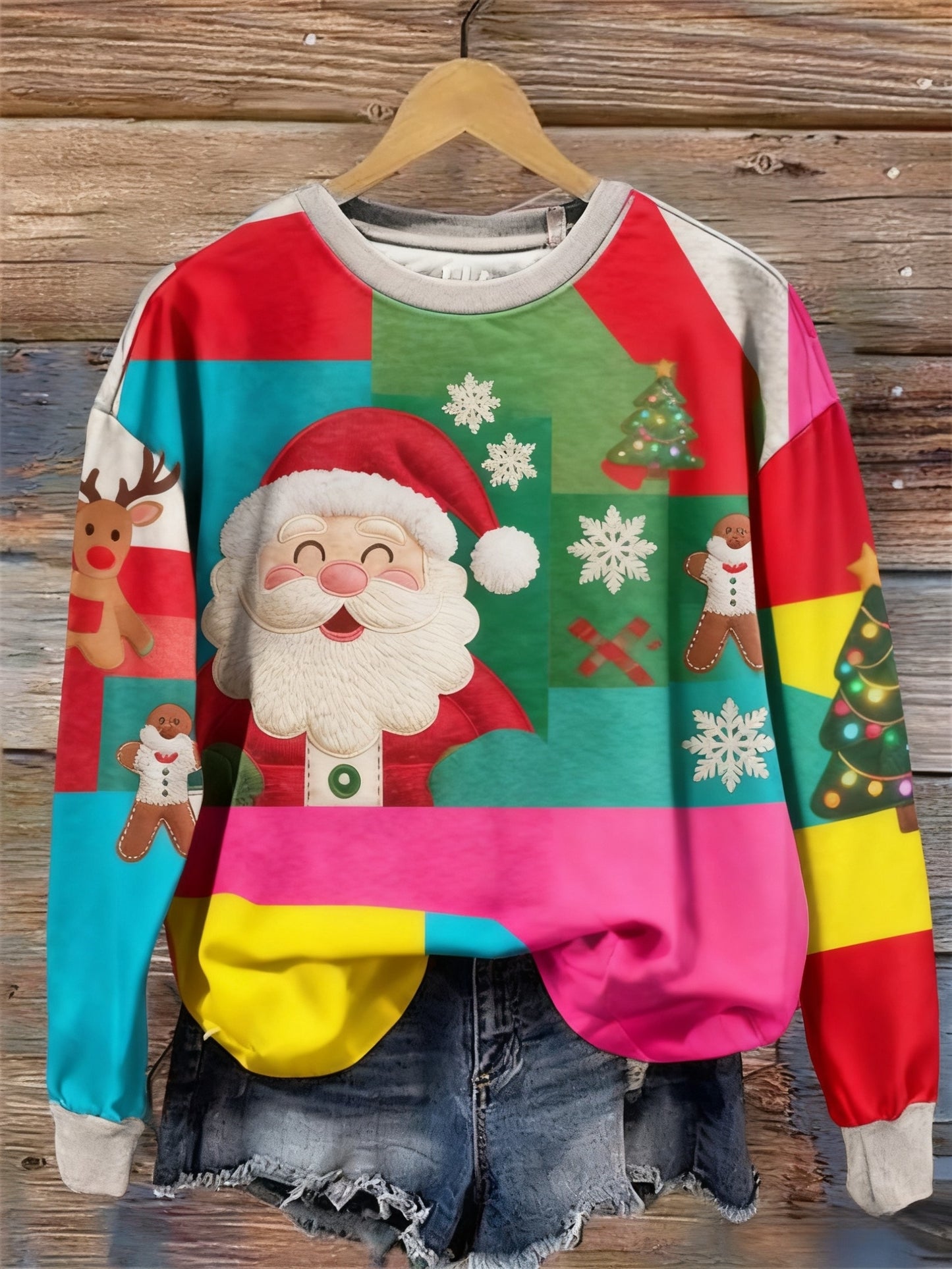 Retro Christmas Colourful Patchwork Printed Crew-Neck Retro Fashion Loose Long Sleeved Sweatshirt