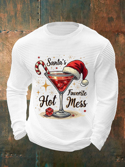 Men's Funny Christmas Santa's Favorite Hot Mess Casual Waffle Long Sleeve Top