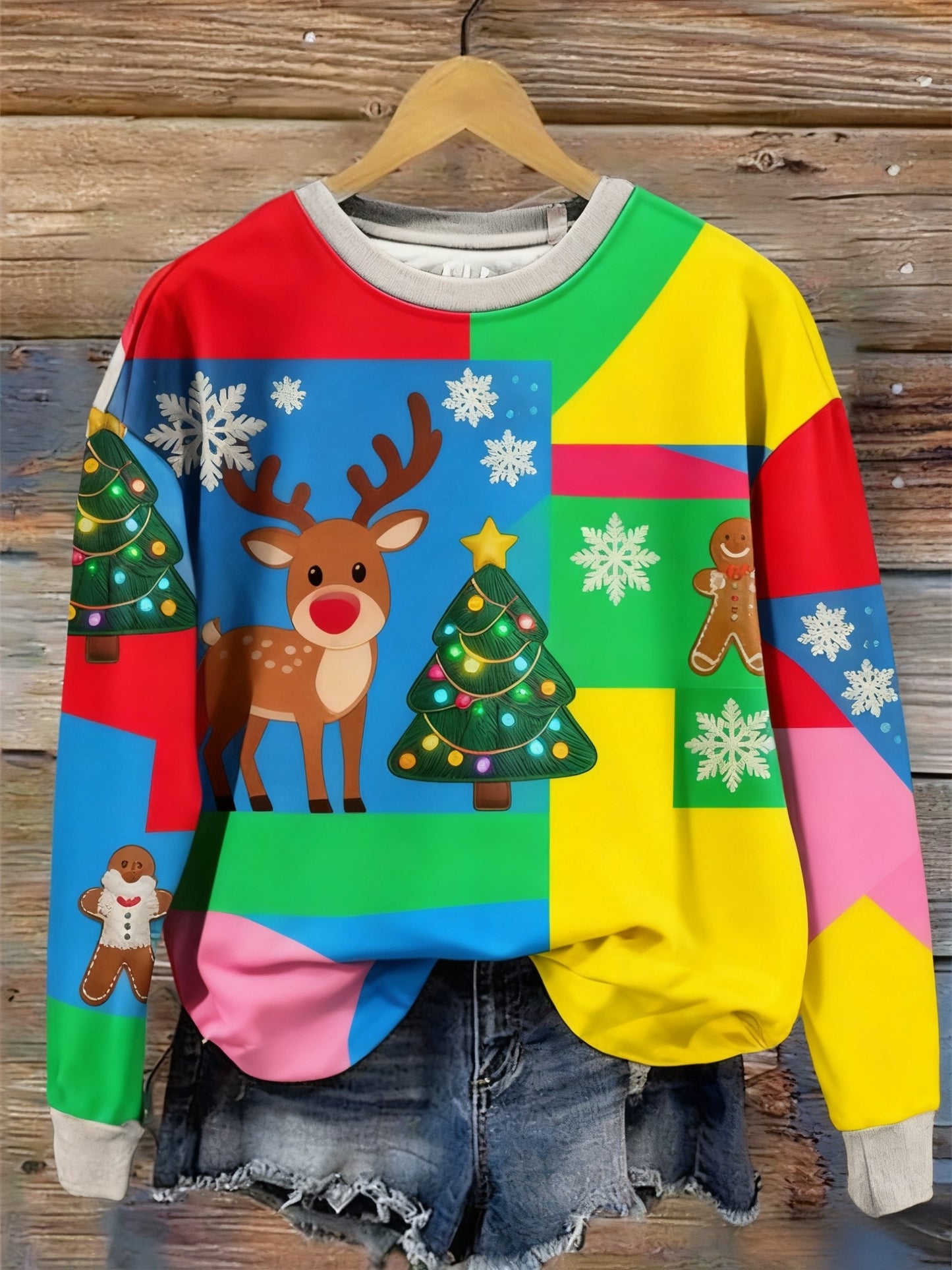 Retro Christmas Colourful Patchwork Printed Crew-Neck Retro Fashion Loose Long Sleeved Sweatshirt