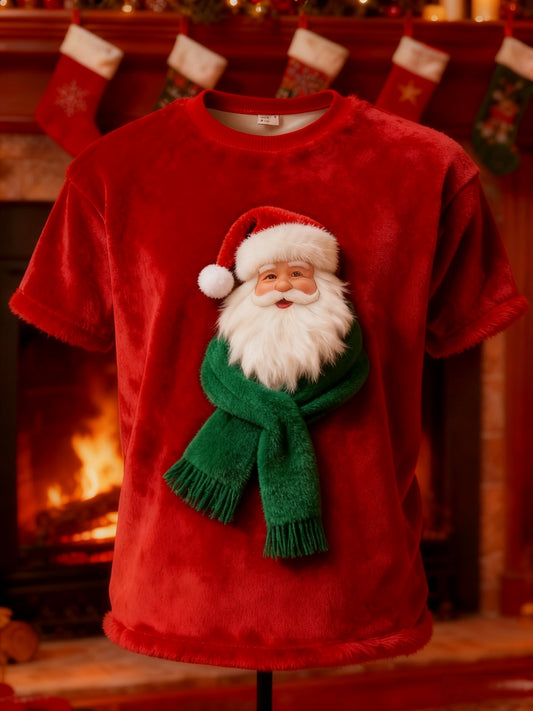 Vintage Christmas Santa Claus Scarf Print Plush Short-Sleeved T-Shirt