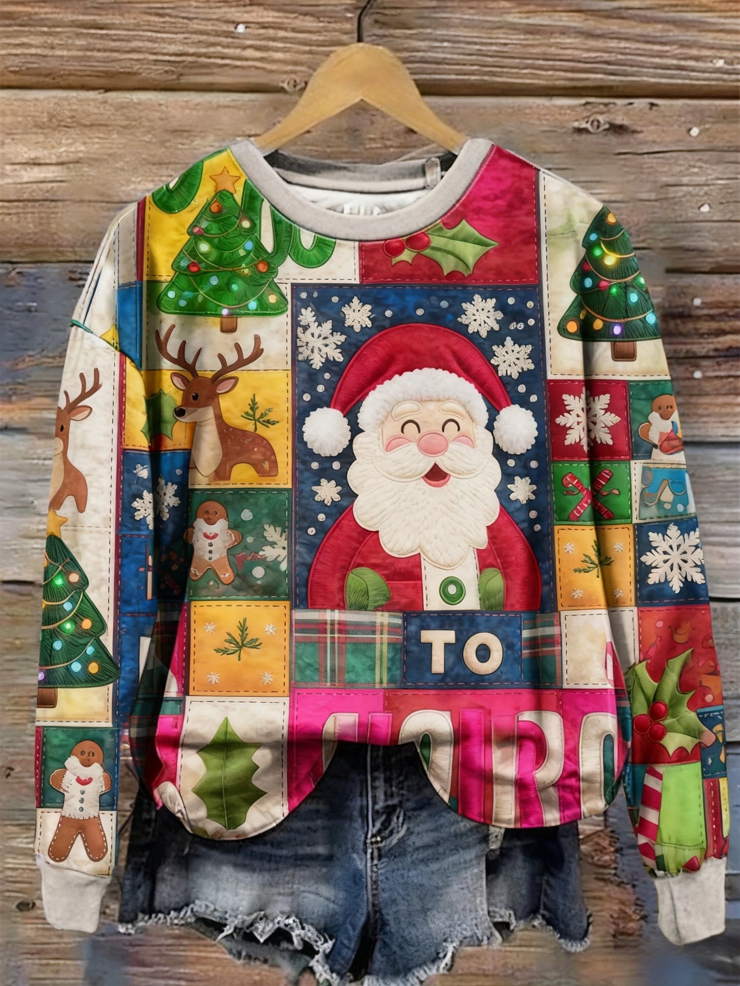 Retro Christmas Colourful Patchwork Printed Crew-Neck Retro Fashion Loose Long Sleeved Sweatshirt