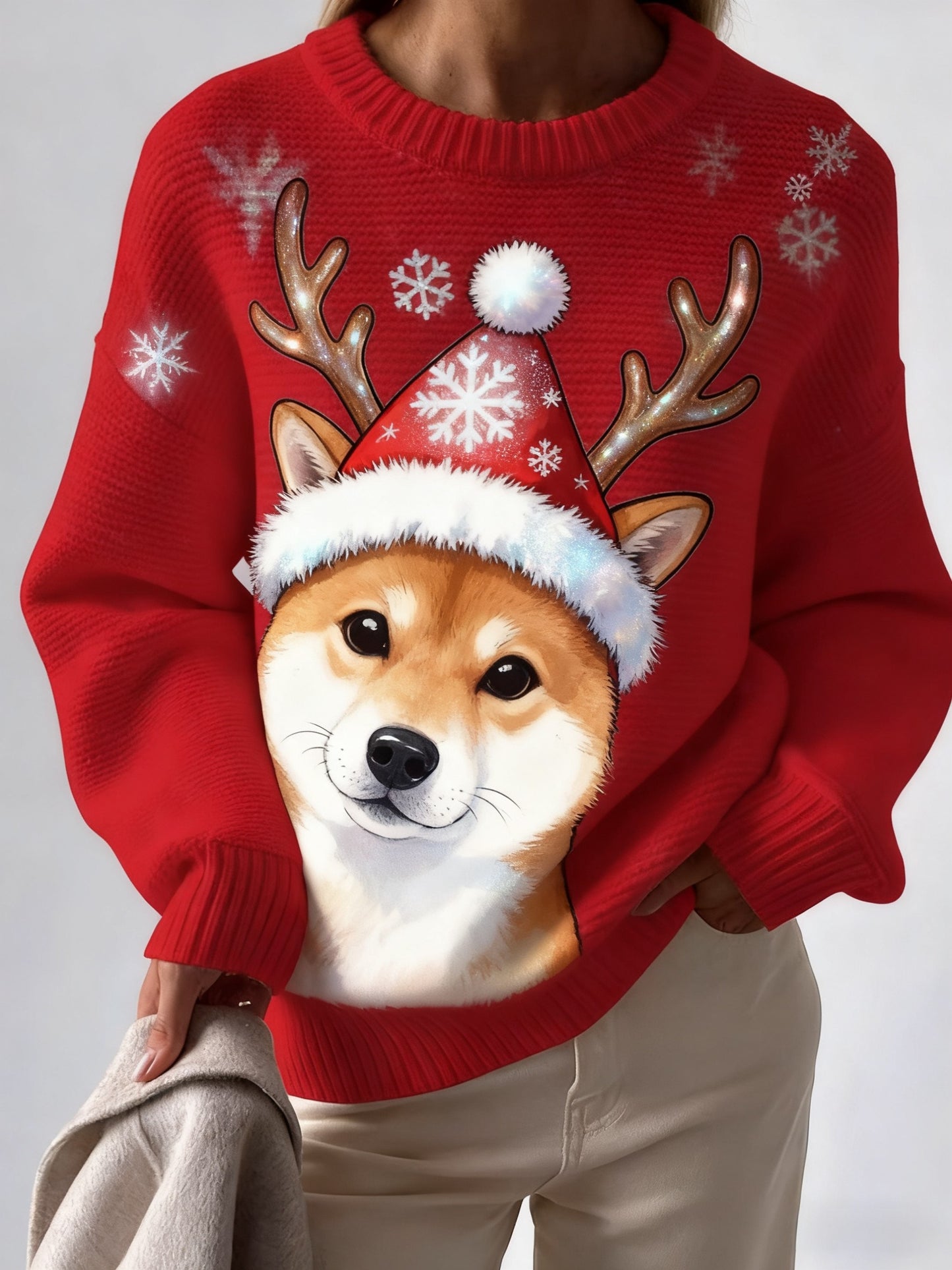 Retro Christmas Cute Dog Printed Crew-Neck Retro Fashion Loose Long Sleeved Knitwear