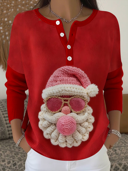 Women's Christmas Santa Claus Print Button Top