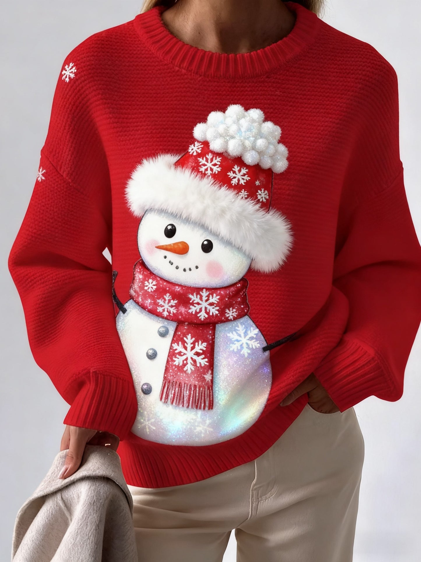 Retro Christmas Charming Snowman Printed Crew-Neck Retro Fashion Loose Long Sleeved Knitwear