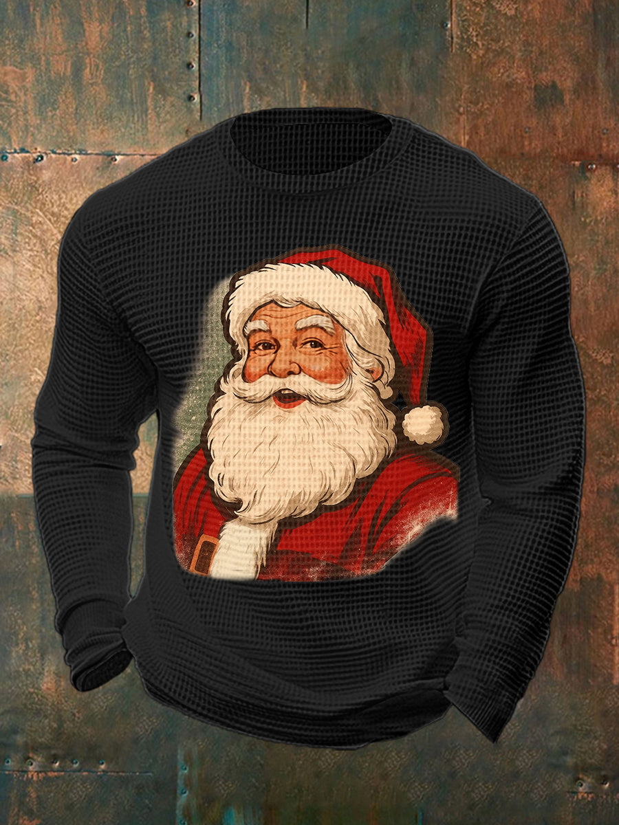 Men's Christmas Santa Claus Print Casual Waffle Long Sleeve Top
