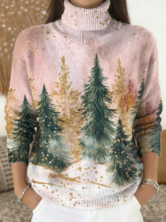 Women's Merry Christmas Print Knit Turtleneck Pullover Sweater