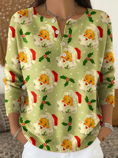 Women's Christmas Santa Claus Print Button Top