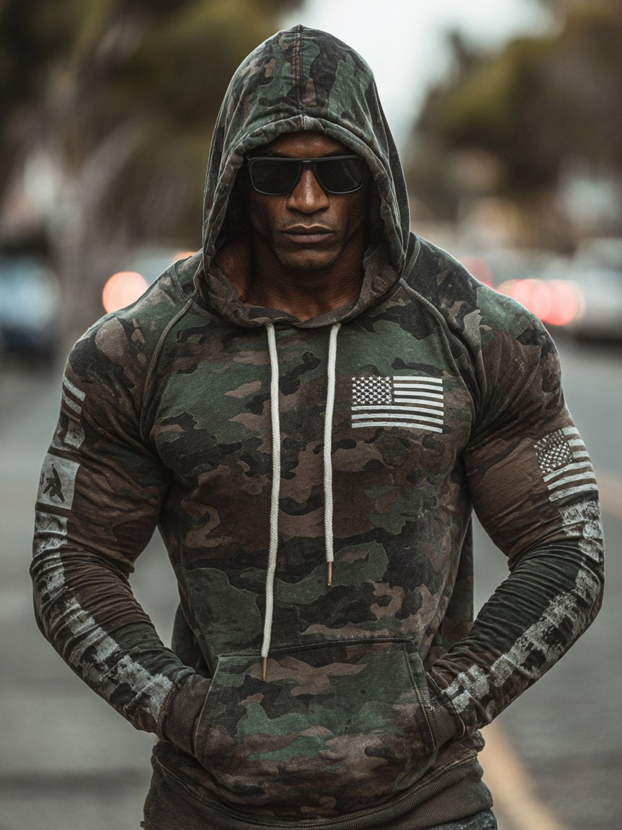 Men's Vintage Army Green Camouflage US Flag Print Casual Hoodie