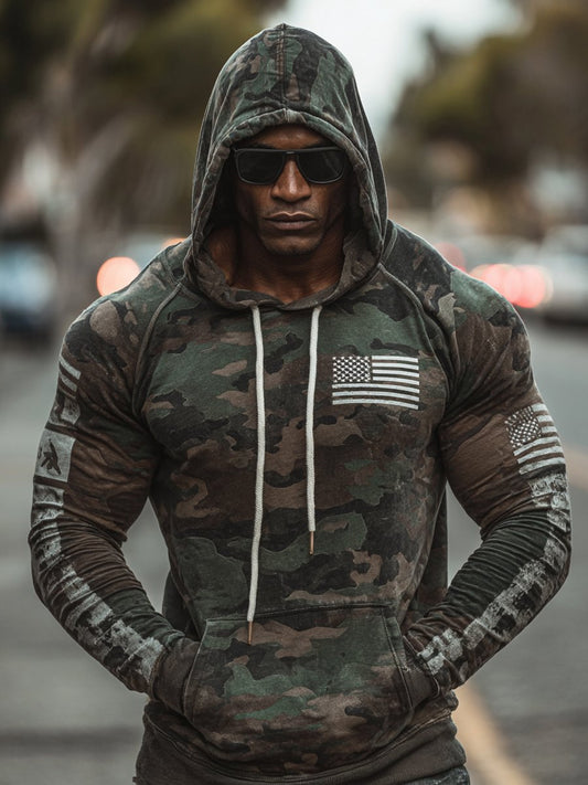 Men's Vintage Army Green Camouflage US Flag Print Casual Hoodie