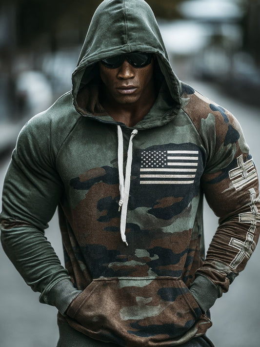 Men's Vintage Army Green Camouflage US Flag Print Casual Hoodie