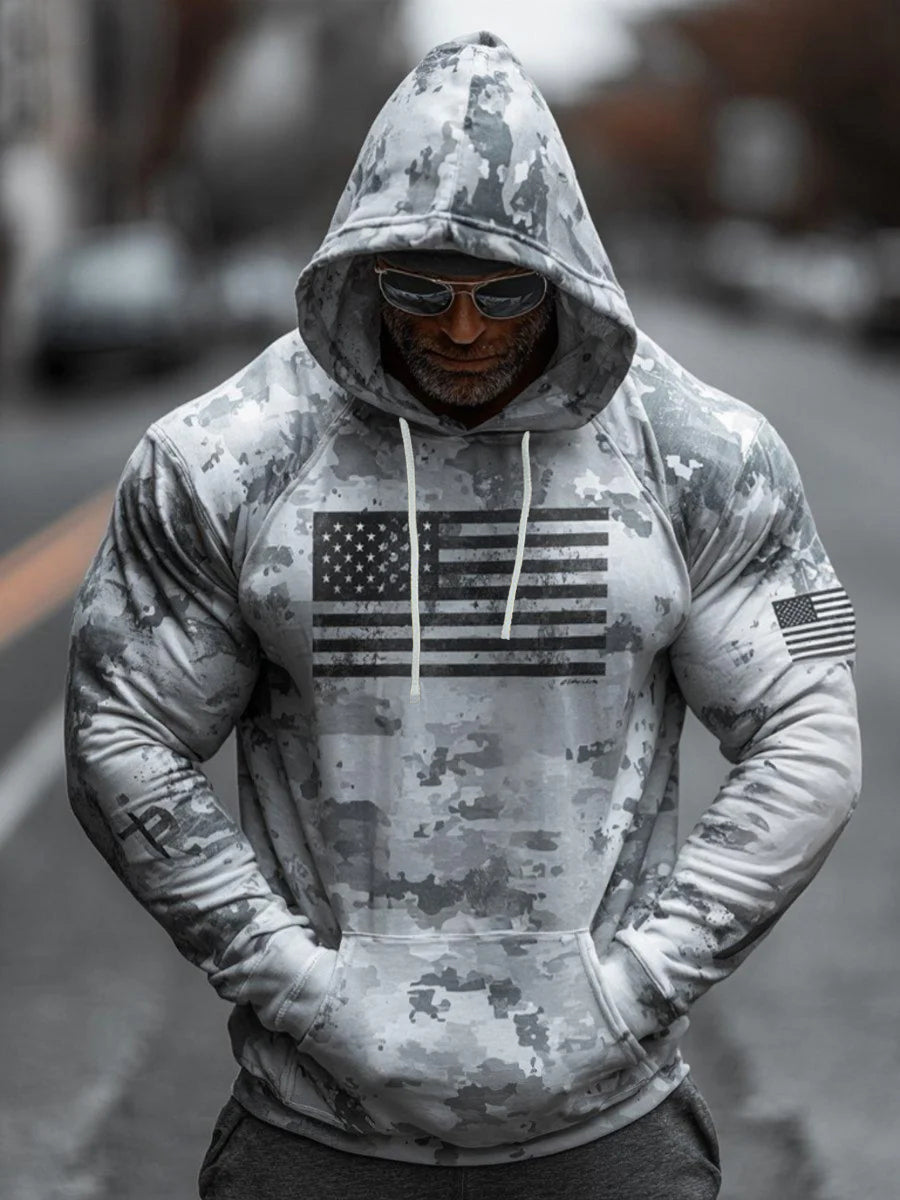 Men's Vintage Camouflage US Flag Print Casual Hoodie