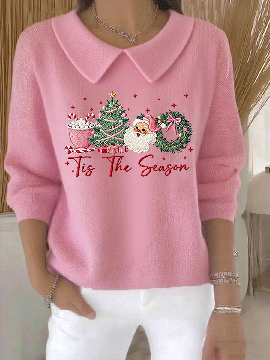 Women's Christmas Tree Santa Claus Art  Printed Baby Doll Collar Top