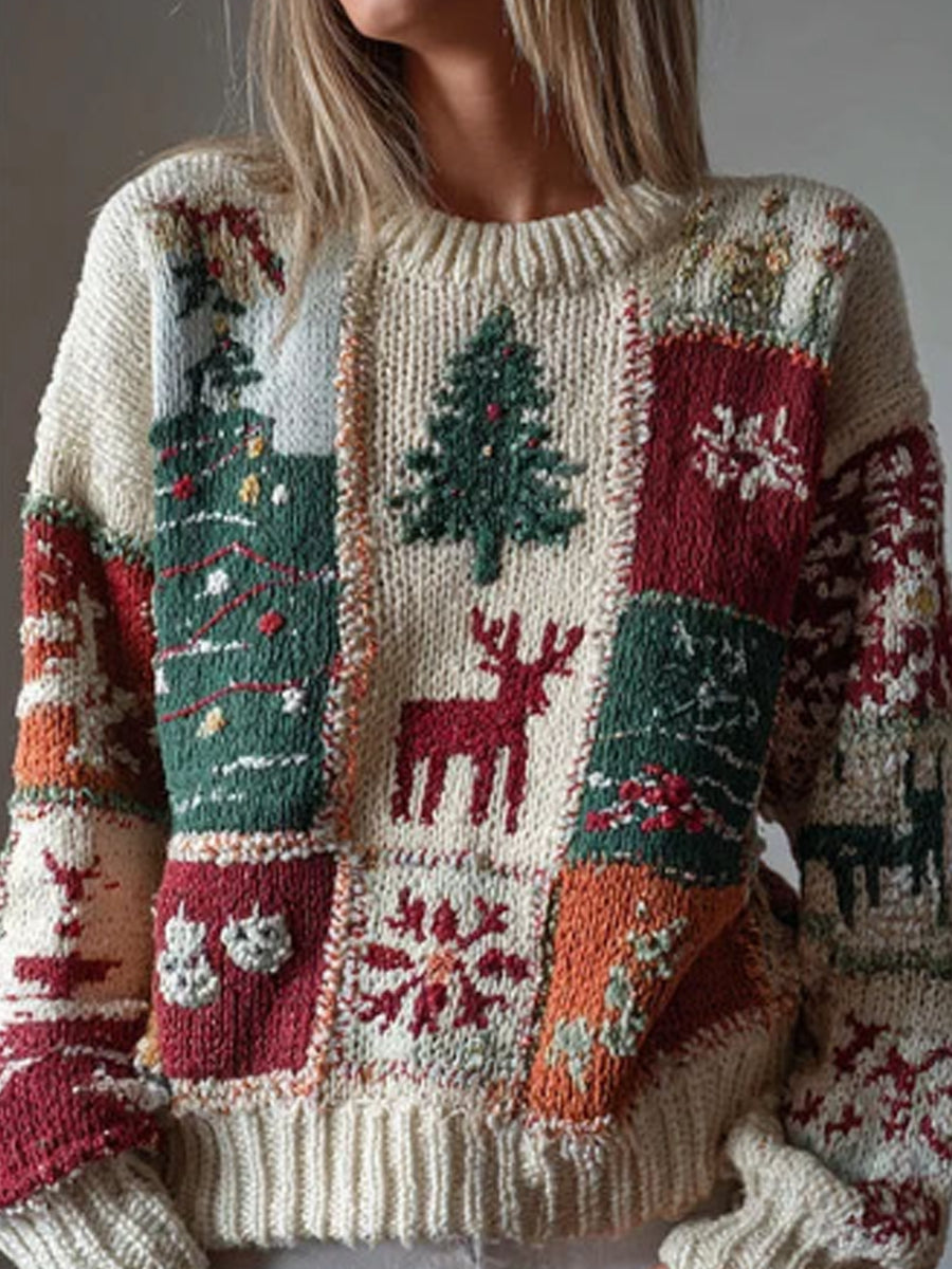 Women's Christmas Tree Patchwork Contrasting Color Sweater