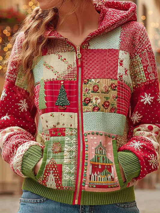 Women's Christmas Patchwork Casual Zip-up Hoodie