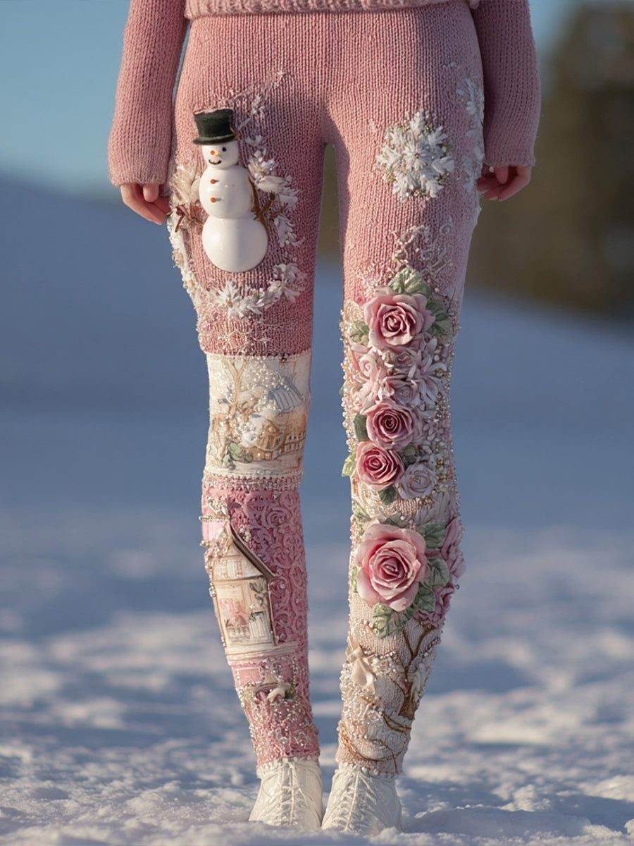 Women's Christmas clothing, breast cancer, pink floral and snowman leggings