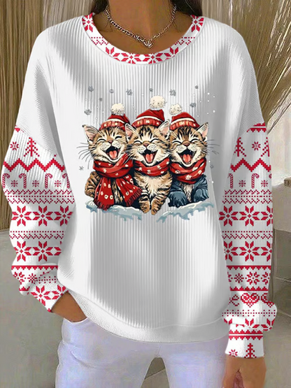 Women's Christmas cat print Ribbed Round-Neck Sweatshirt