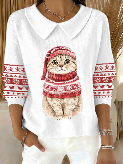 Women's Cute Christmas Cat  Print Cat Lovers Casual Baby Doll Collar Top