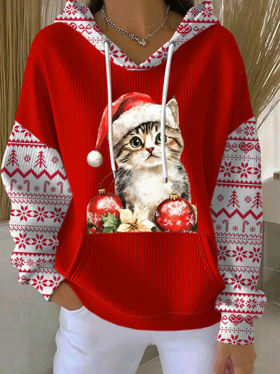 Women's Christmas cat print Hoodie