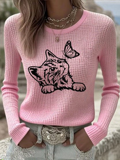 Women's Cute Cat Print Cat Lovers Cat Mom Gift Casual Long-Sleeve T-Shirt