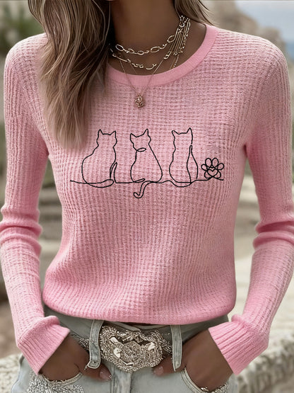 Women's Cute Cat Print Cat Lovers Casual Long Sleeve Waffle Top