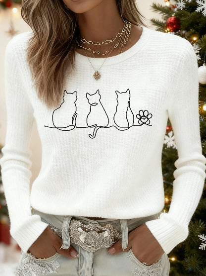 Women's Cute Cat Print Cat Lovers Casual Long Sleeve Waffle Top