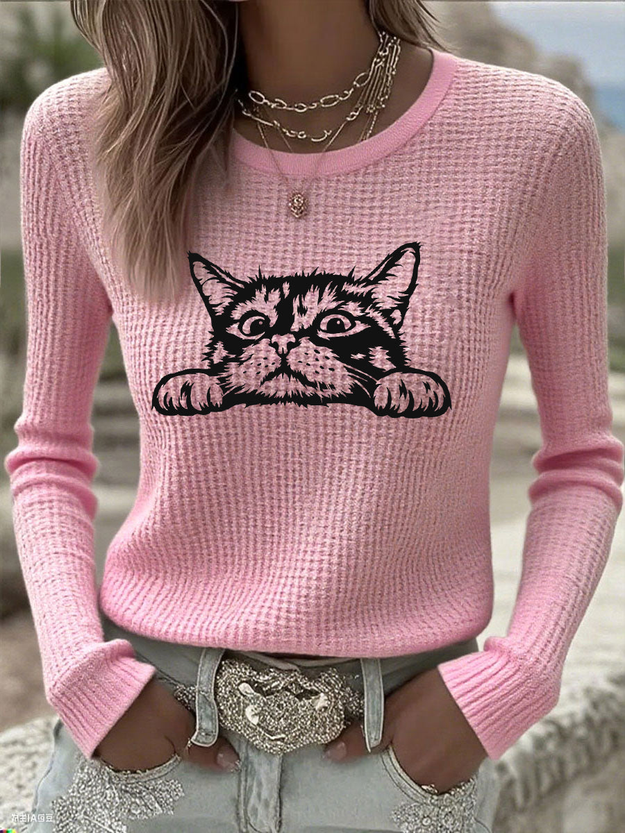 Women's Cute Cat Print Cat Lovers Cat Mom Gift Casual Long-Sleeve T-Shirt