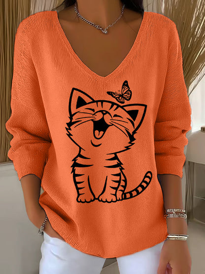 Women's Cute Cat Print Casual Long-Sleeve Top