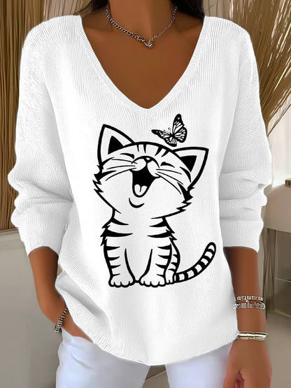 Women's Cute Cat Print Casual Long-Sleeve Top