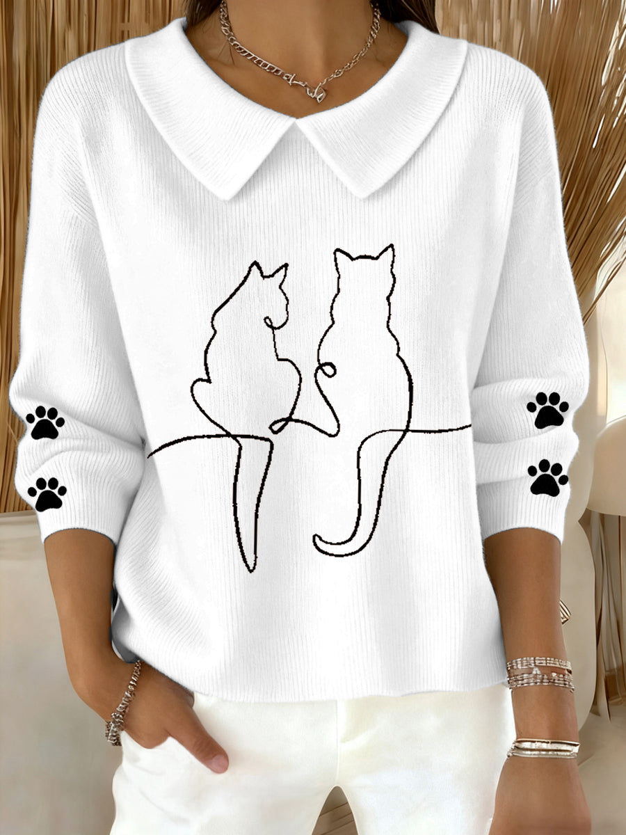 Women's Cute Cat  Print Cat Lovers Casual Baby Doll Collar Top