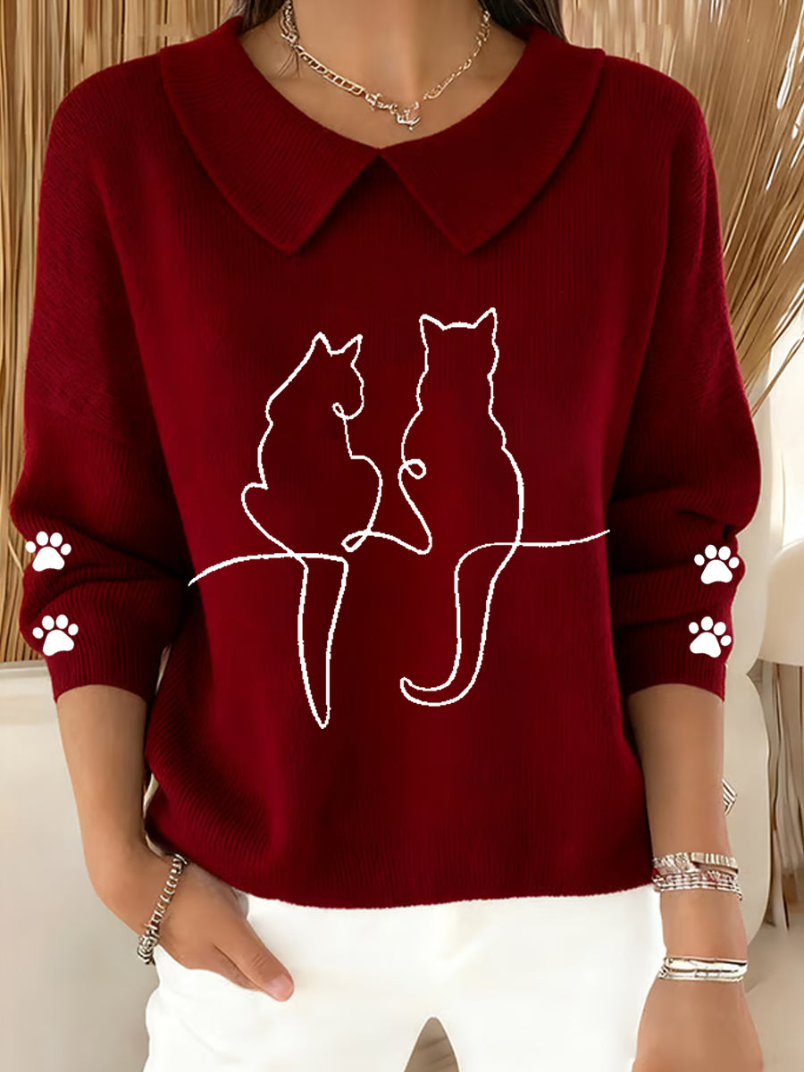 Women's Cute Cat  Print Cat Lovers Casual Baby Doll Collar Top