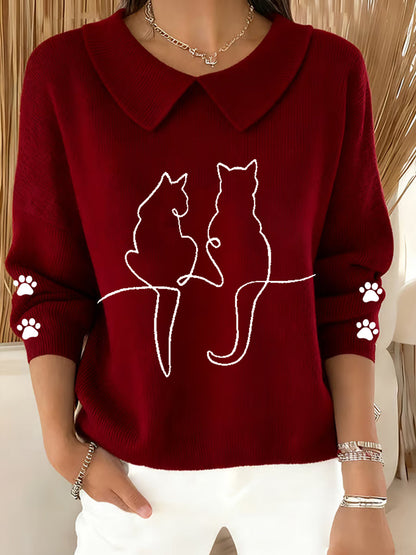 Women's Cute Cat  Print Cat Lovers Casual Baby Doll Collar Top