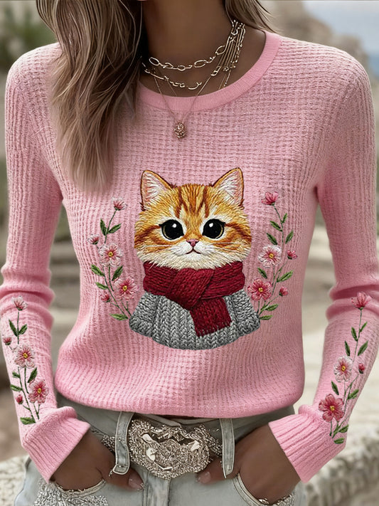 Women's Cute Cat Print Cat Lovers Casual Long Sleeve Waffle Top