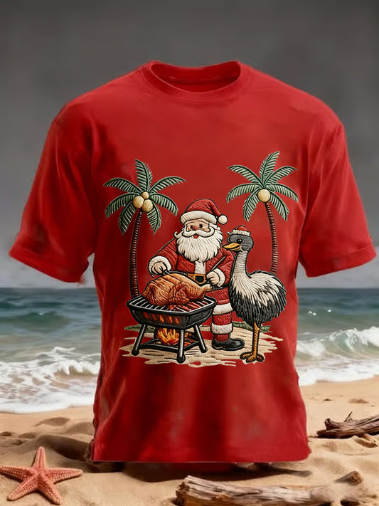 Men's Vintage Tropical Santa Claus Print Christmas Tee