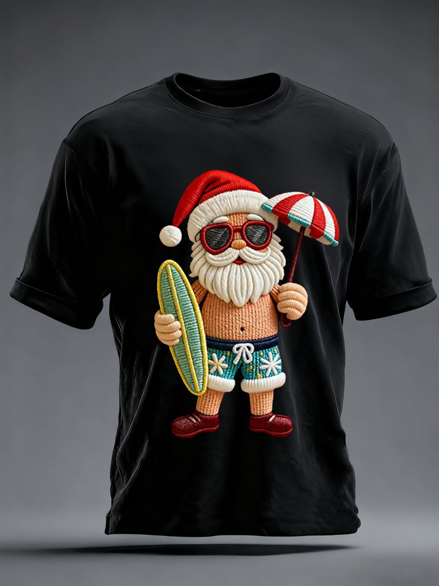 Men's Vintage Tropical Santa Claus Print Christmas Tee
