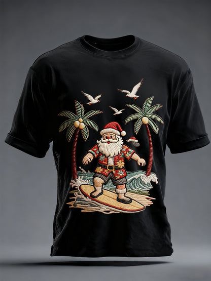 Men's Vintage Holiday Santa Claus Print Casual Tee