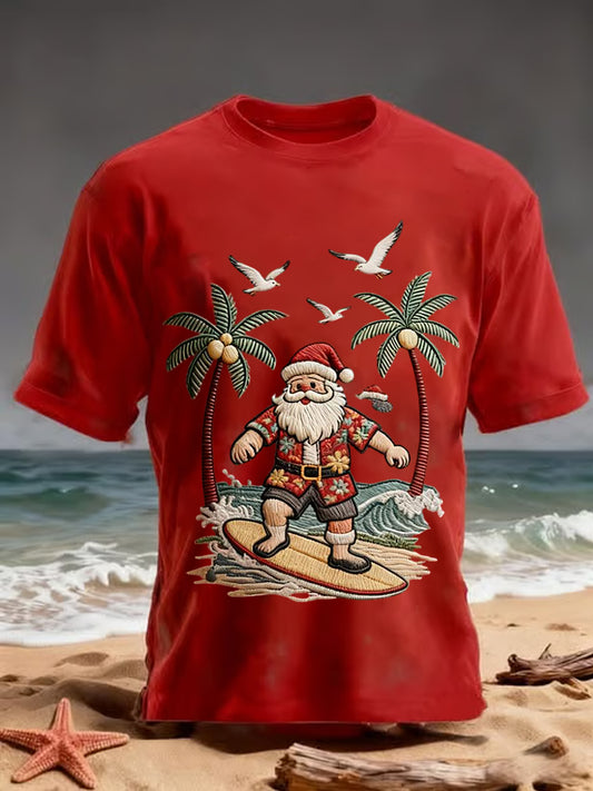 Men's Vintage Holiday Santa Claus Print Casual Tee