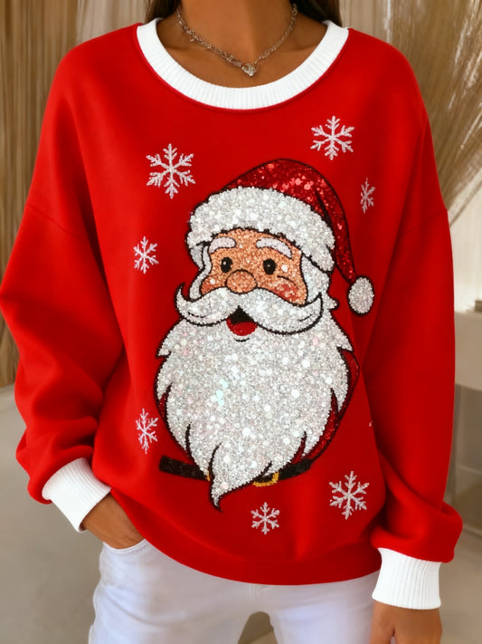 Retro Christmas Glitter Santa Claus Printed Casual Loose Long Sleeve Top