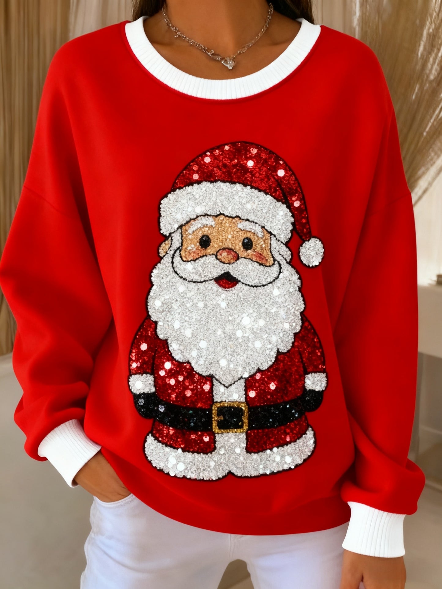 Retro Christmas Glitter Santa Claus Printed Casual Loose Long Sleeve Top