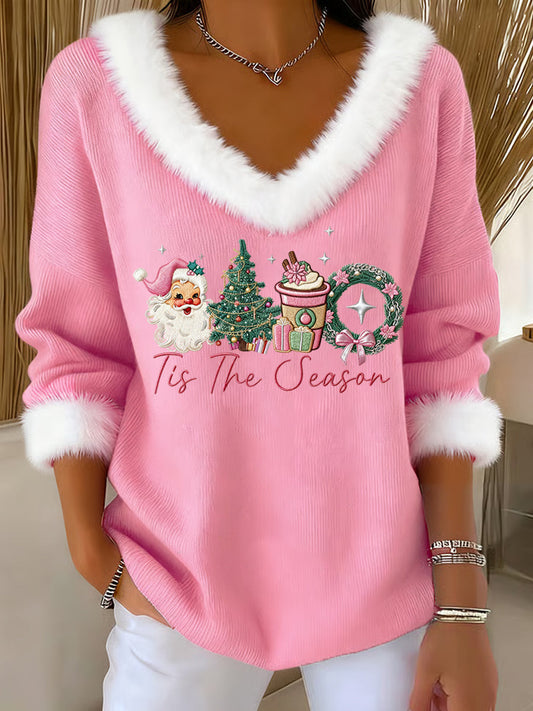 Women's Pink Christmas Sants Claus Print Casual Fur Collar V-Neck Top