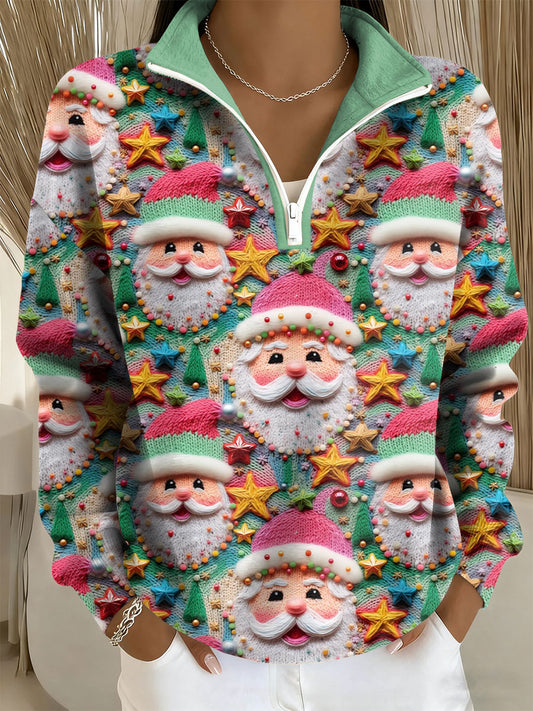 Women's Santa Print Casual Zip-Up Top