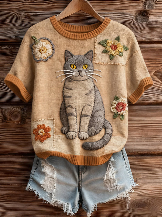 Women's Artistic Animal Print Comfortable Knit Short Sleeve Top