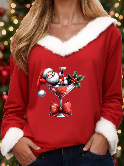 Women's  Santa Claus sitting on a wine glass Printed Tops