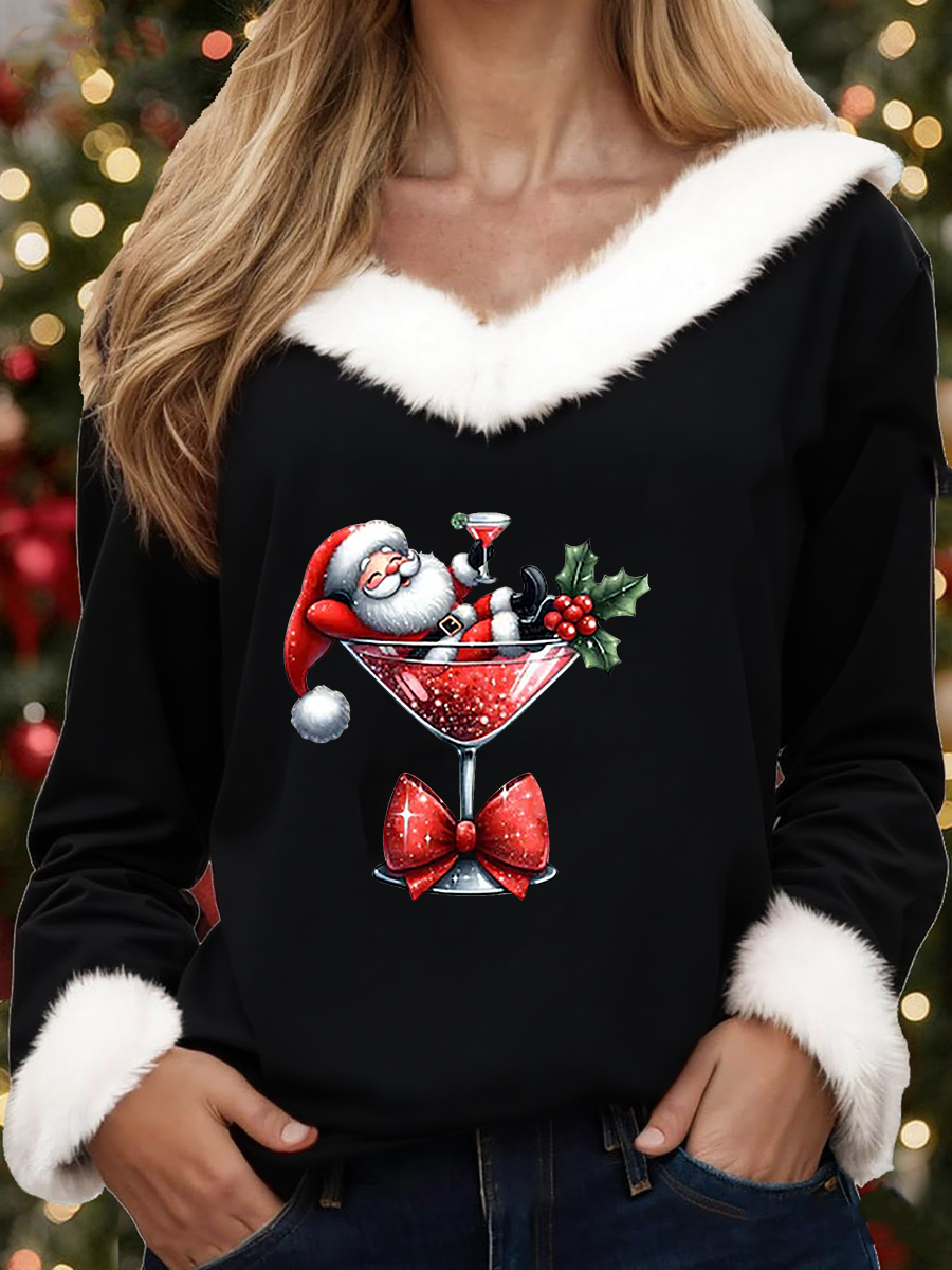 Women's  Santa Claus sitting on a wine glass Printed Tops