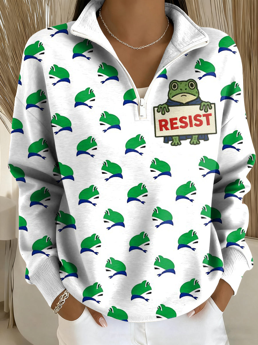 Women's Resist Frog Printed Casual Long Sleeve Zip Sweatshirt