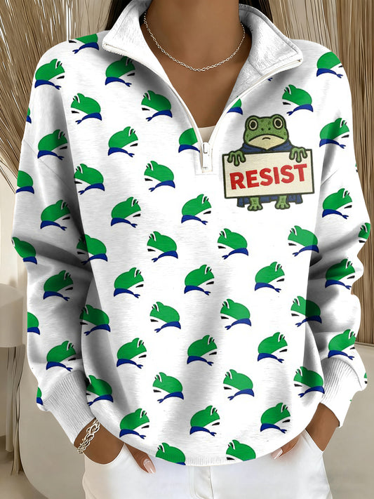 Women's Resist Frog Printed Casual Long Sleeve Zip Sweatshirt