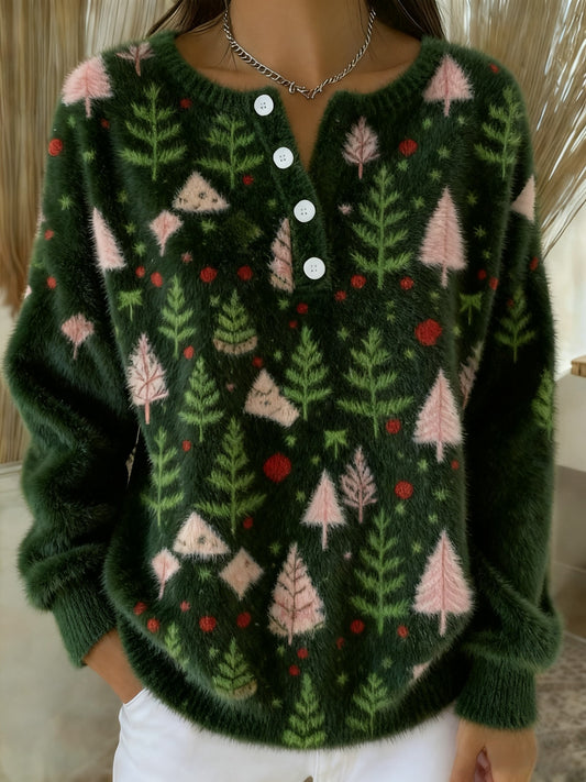 Women's Vintage Christmas Tree Art  Print Long-sleeve Sweater