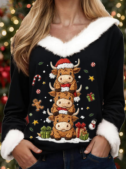 Women's Christmas Cute High Land Cow Print Casual Fur-Collar Top