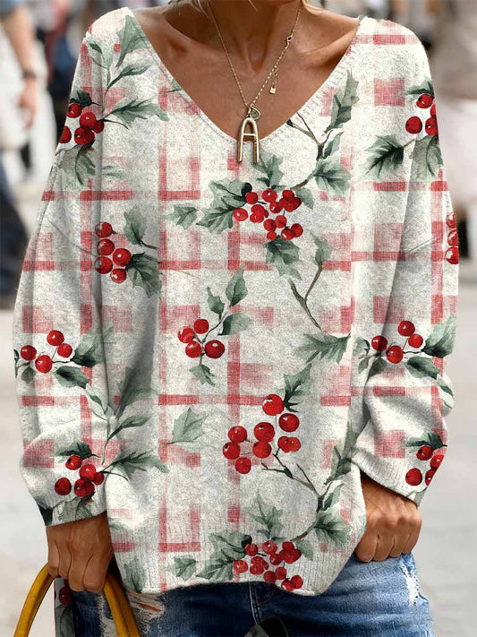 Retro Christmas Print Casual Long Sleeved Top