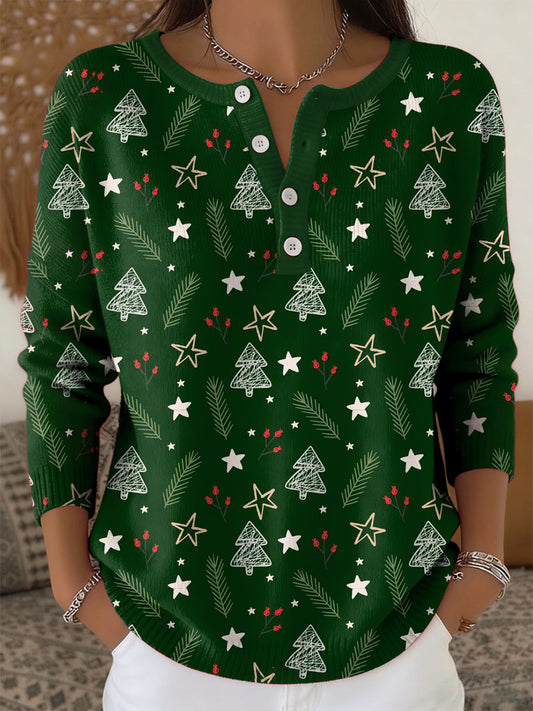 Women's Vintage Christmas Tree Art  Print Long-sleeve Sweater